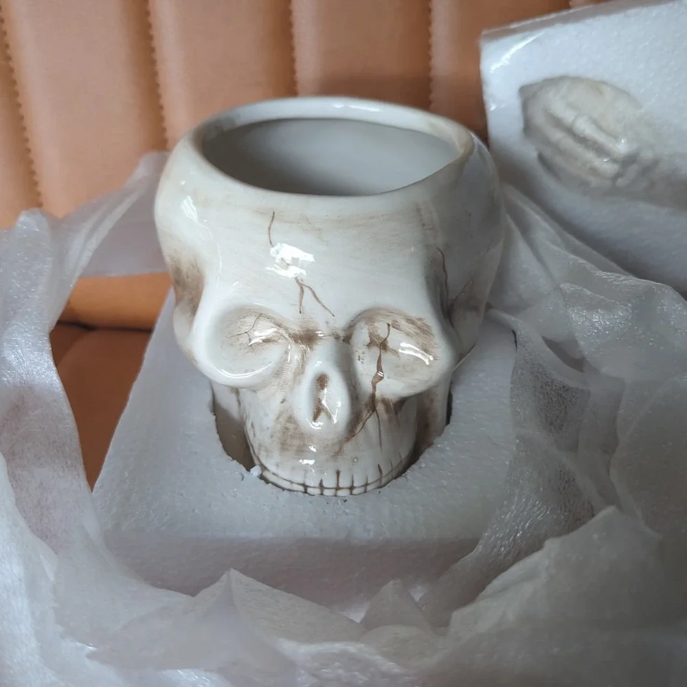 Skull Bowl with Skeleton Arm Spoon Decorative Halloween Ceramic NIB‎